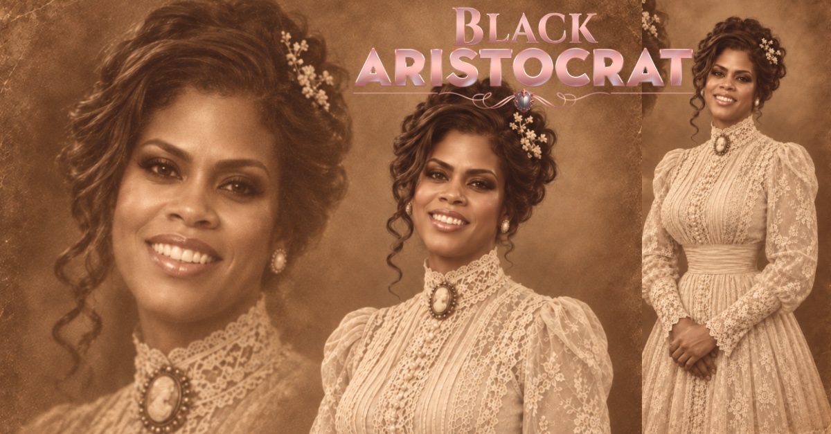 Antique-style sepia composite portrait of Alisha Melvin, Esq. beneath the words Black Aristocrat.